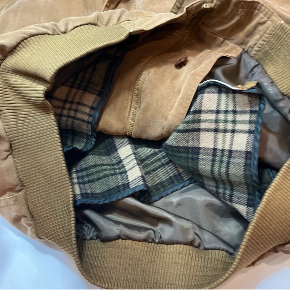 Rainforest 90s BROWN LEATHER BOMBER plaid wool lined Jacket MEN XL Pockets biker - Picture 5 of 13